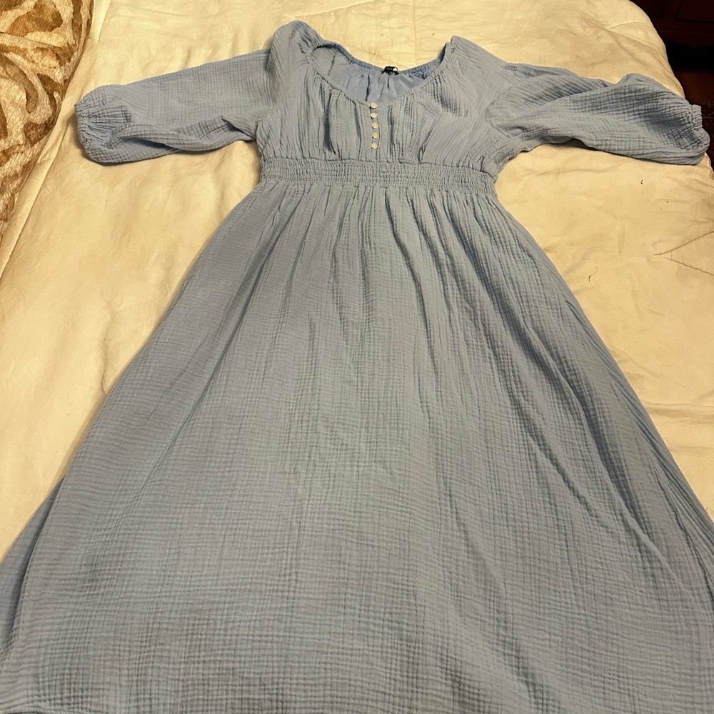 J crew smocked waist v neck light blue gauze dress